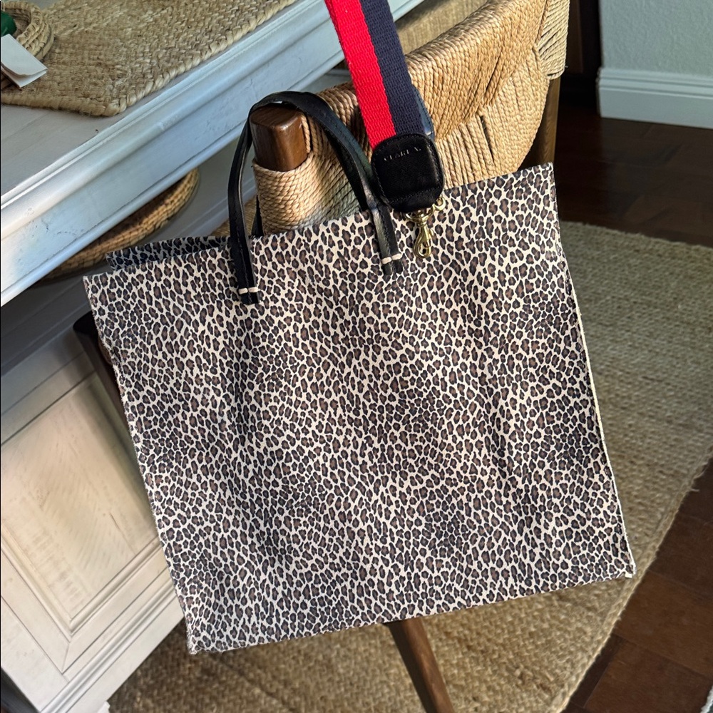 Clare V Leopard Print Tote with Navy/Red Strap
